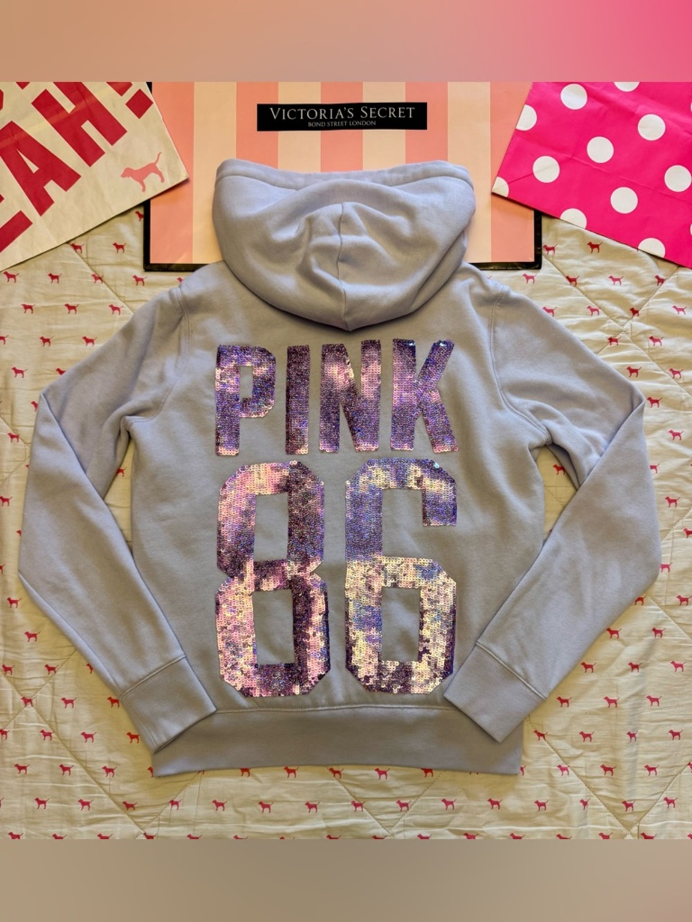 VS PINK VINTAGE Y2K FUR LINED ZIP HOODIE SWEATSHIRT PURPLE 86 BLING LOGO RARE S